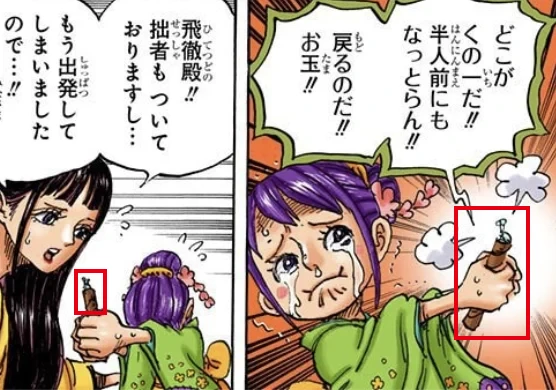 お玉が差し出すスマートタニシに『飛徹殿!! 拙者もついておりますし…』と話すキクと、『どこがくの一だ!! 半人前にもなっとらん!! 戻るのだ!! お玉!!』と叱られ、スマートタニシを握って泣くお玉