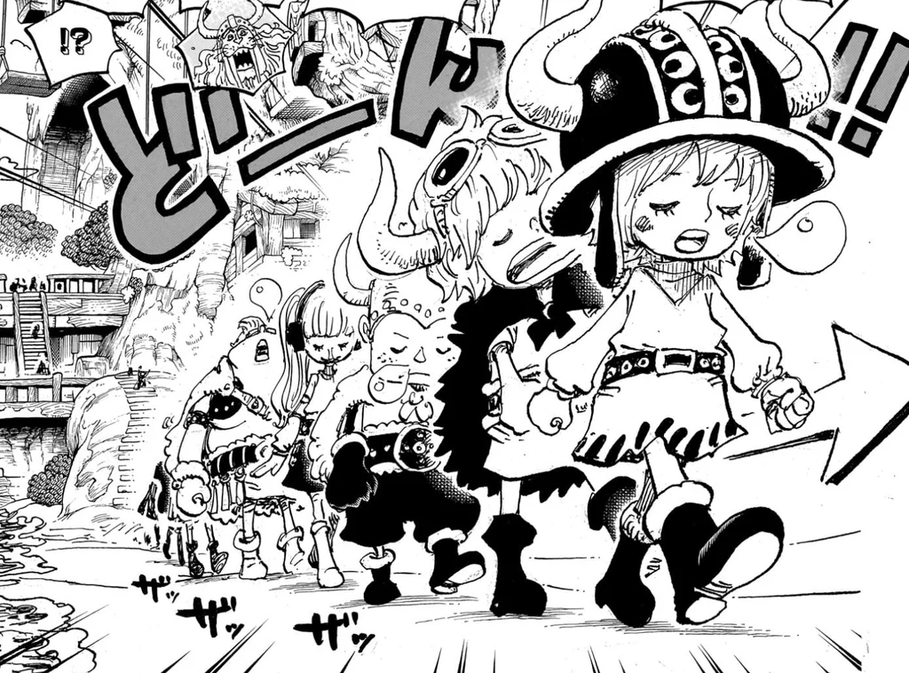 目を閉じたまま、矢印の方へ一列に歩いていく子どもたち
