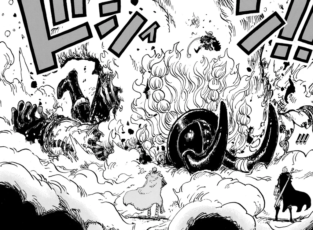 腕を伸ばしたルフィ(上)の一撃で、地面に倒れ込むロキ