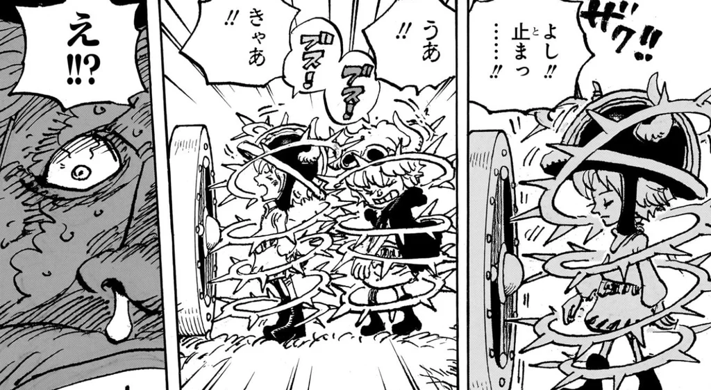 『よし!! 止まっ……!!』と盾で先頭の子を止めたサウロと、後ろの子とぶつかって荊の棘が刺さり『うあ!!』『きゃあ!!』と叫ぶ子どもたち