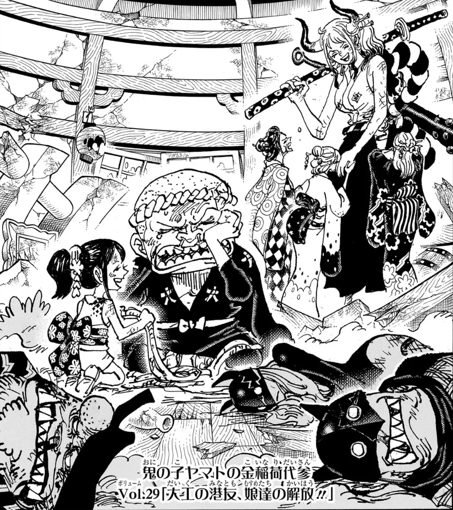 扉絵連載「鬼の子ヤマトの金稲荷代参」Vol.29「大工の港友、娘達の解放!!」の、壊れた鳥居の下で泣く港友と笑うお玉、娘を腕に乗せて刀をかつぐヤマト