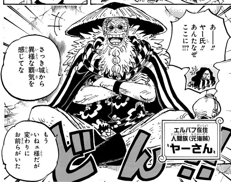 玉座で腕を組むヤーさんと、「エルバフ在住 人間族(元海賊)」の名札